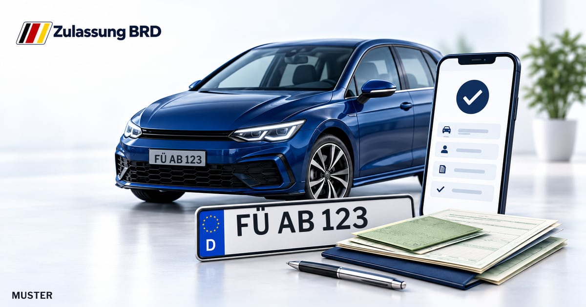 Online Fahrzeugzulassung in Fürth: Musterkennzeichen FÜ AB 123, Auto und Fahrzeugpapiere und Smartphone. Illustration mit Logo von Zulassung BRD.